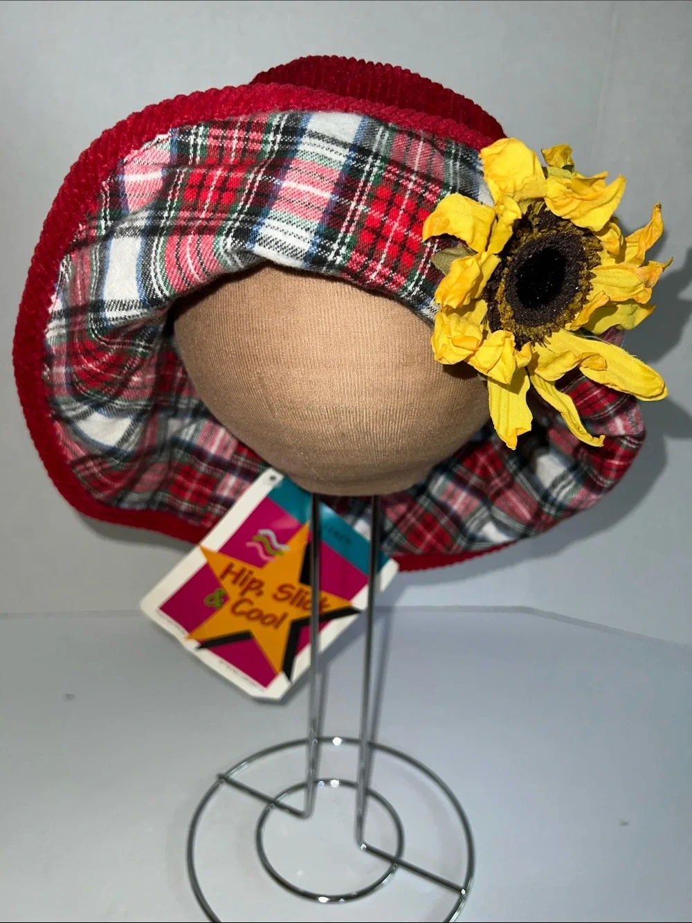 Kids Red Corduroy Bucket Hat with Plaid Lining and Sunflower Accent